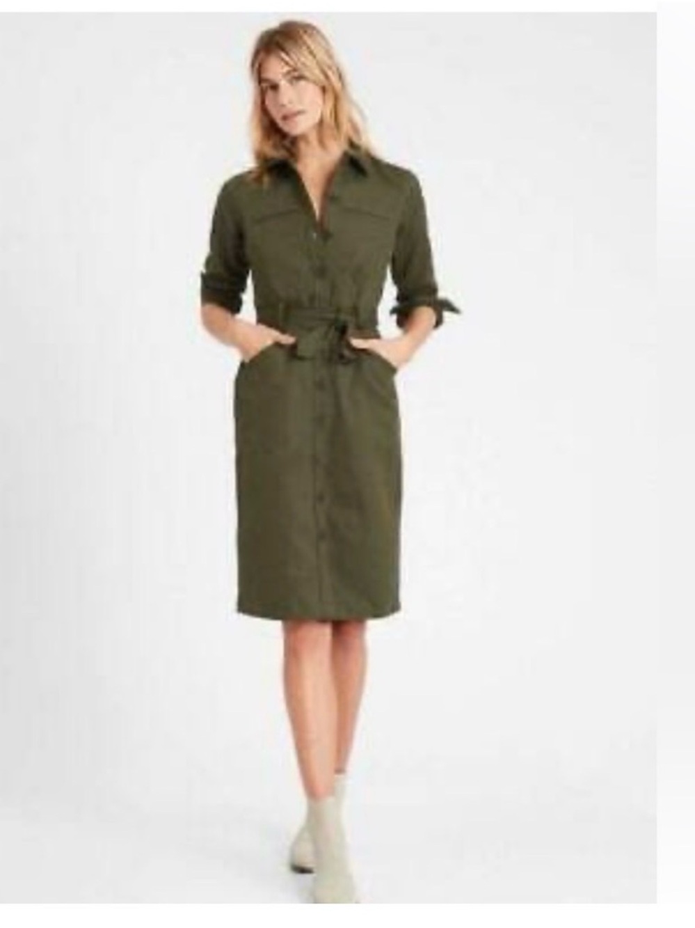 Banana Republic Olive Green Button-Front Midi Shirt Dress